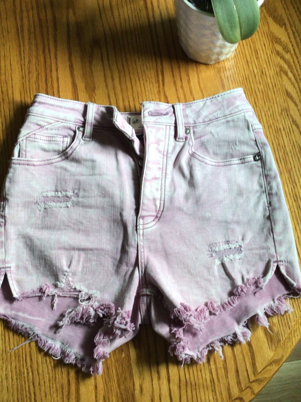 We The Free Curvy Button Fly High-Rise Distressed Lilac Denim Shorts